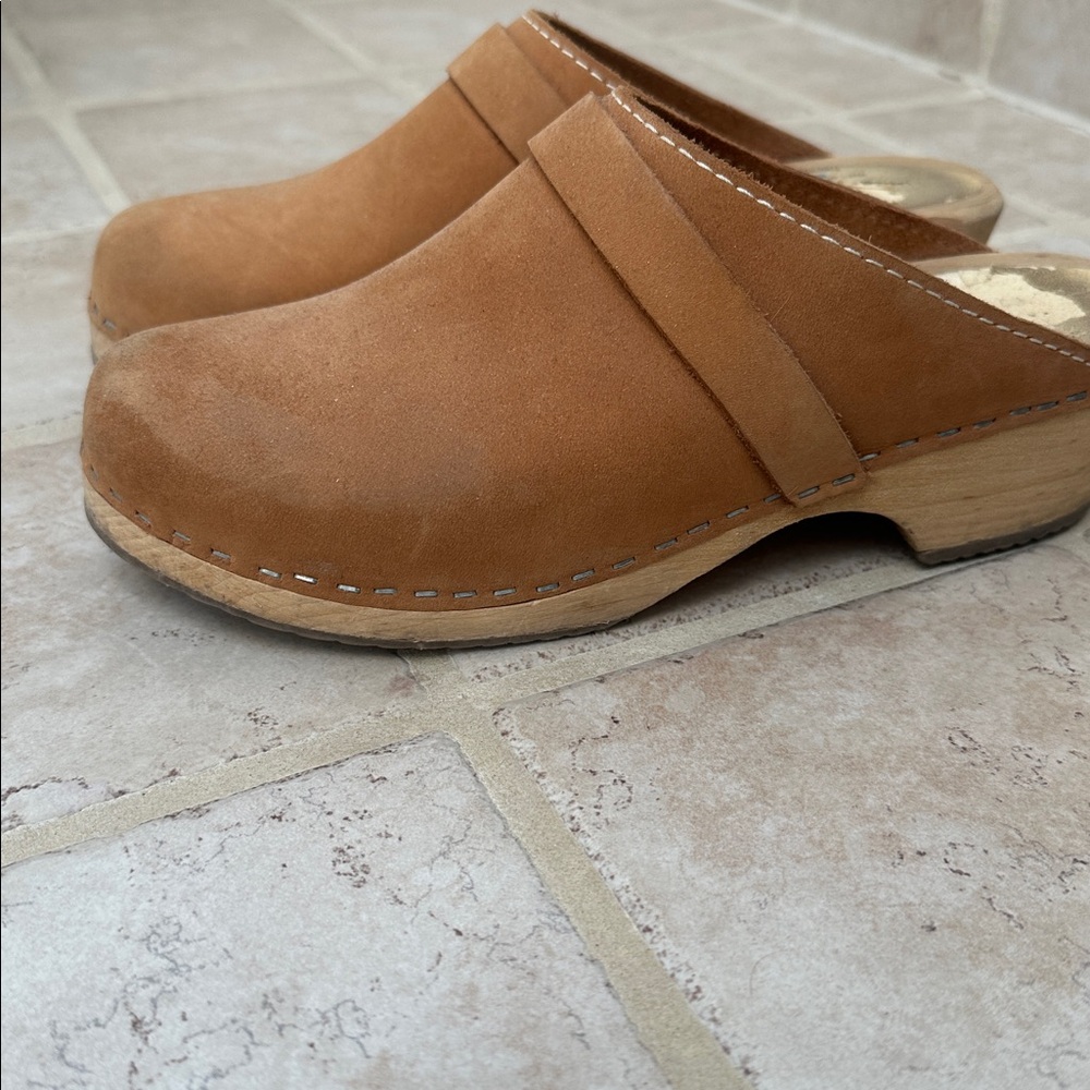 Lotta Clogs Stockholm Swedish Clogs Womens 38 Leather Nubuck Brown Wood Soles